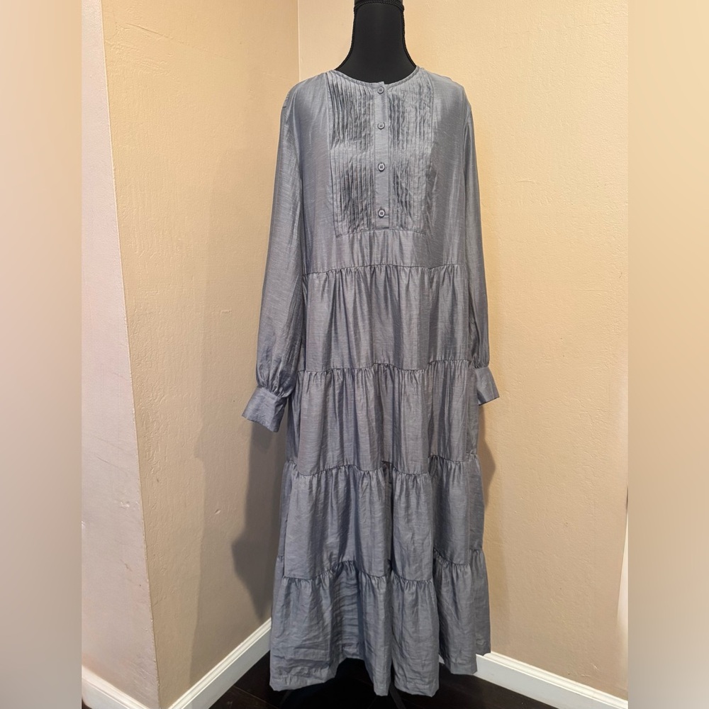 Anthropologie Long Sleeve Tiered Maxi Dress in Light Blue
